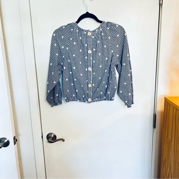 Madewell Blue/White Gingham Checked Blouse  White Embroidered Circles L/S XXS - Picture 2 of 7
